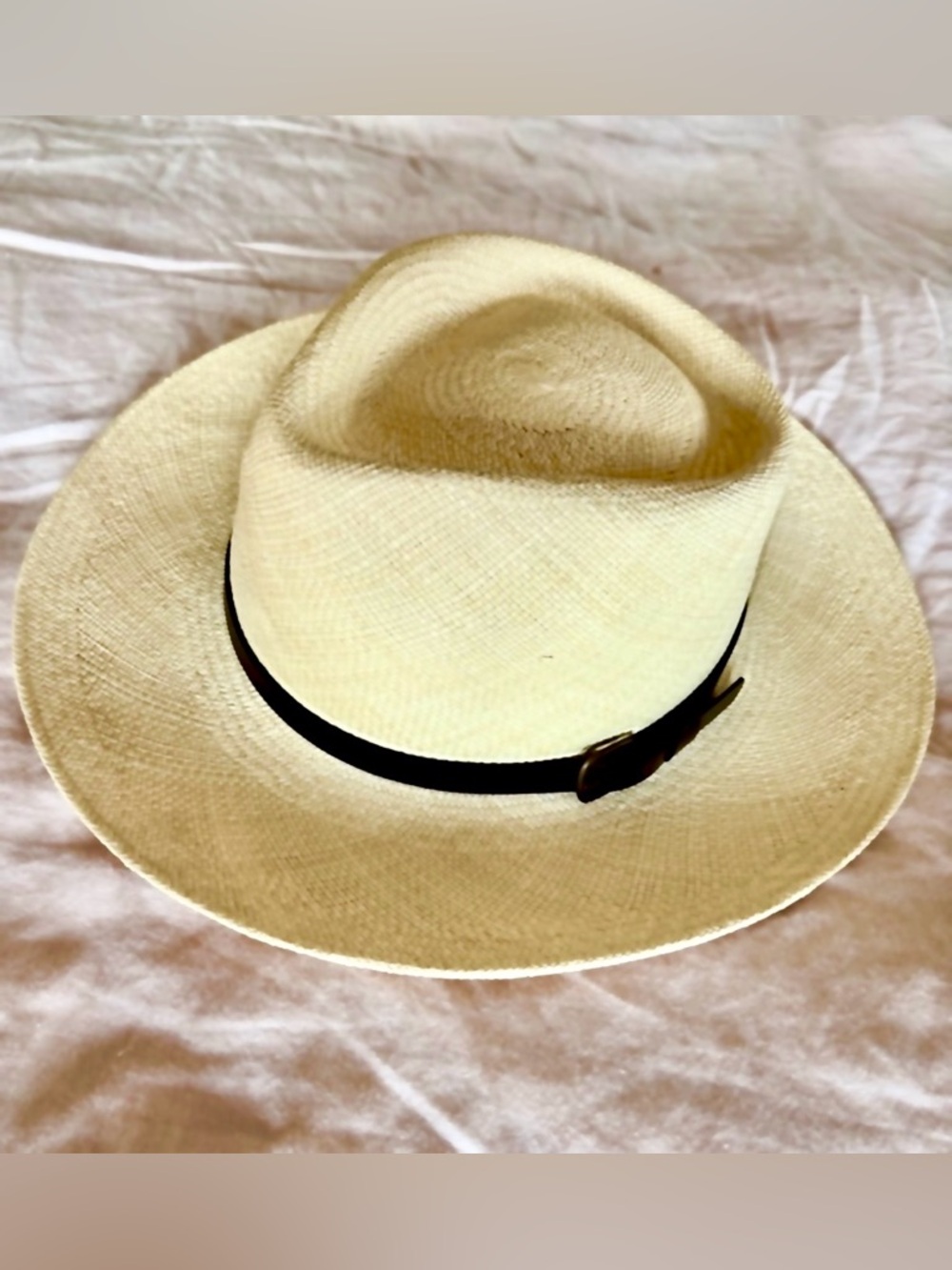Bigalli Straw Panama Hat in Natural Brown Trim buckle made in Ecuador M Straw
